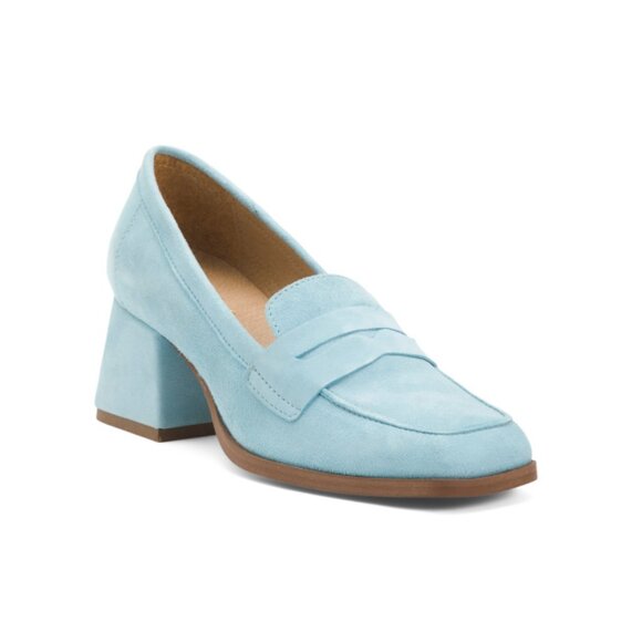 BOS AND CO Aquamarine Suede Ama Heeled Loafers